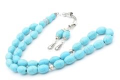 Gümüş Kaplama Püsküllü Beyzi Kesim İri Boy Turkuaz Taşı Tesbih