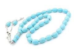 Gümüş Kaplama Püsküllü Beyzi Kesim İri Boy Turkuaz Taşı Tesbih