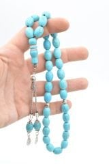 Gümüş Kaplama Püsküllü Beyzi Kesim İri Boy Turkuaz Taşı Tesbih