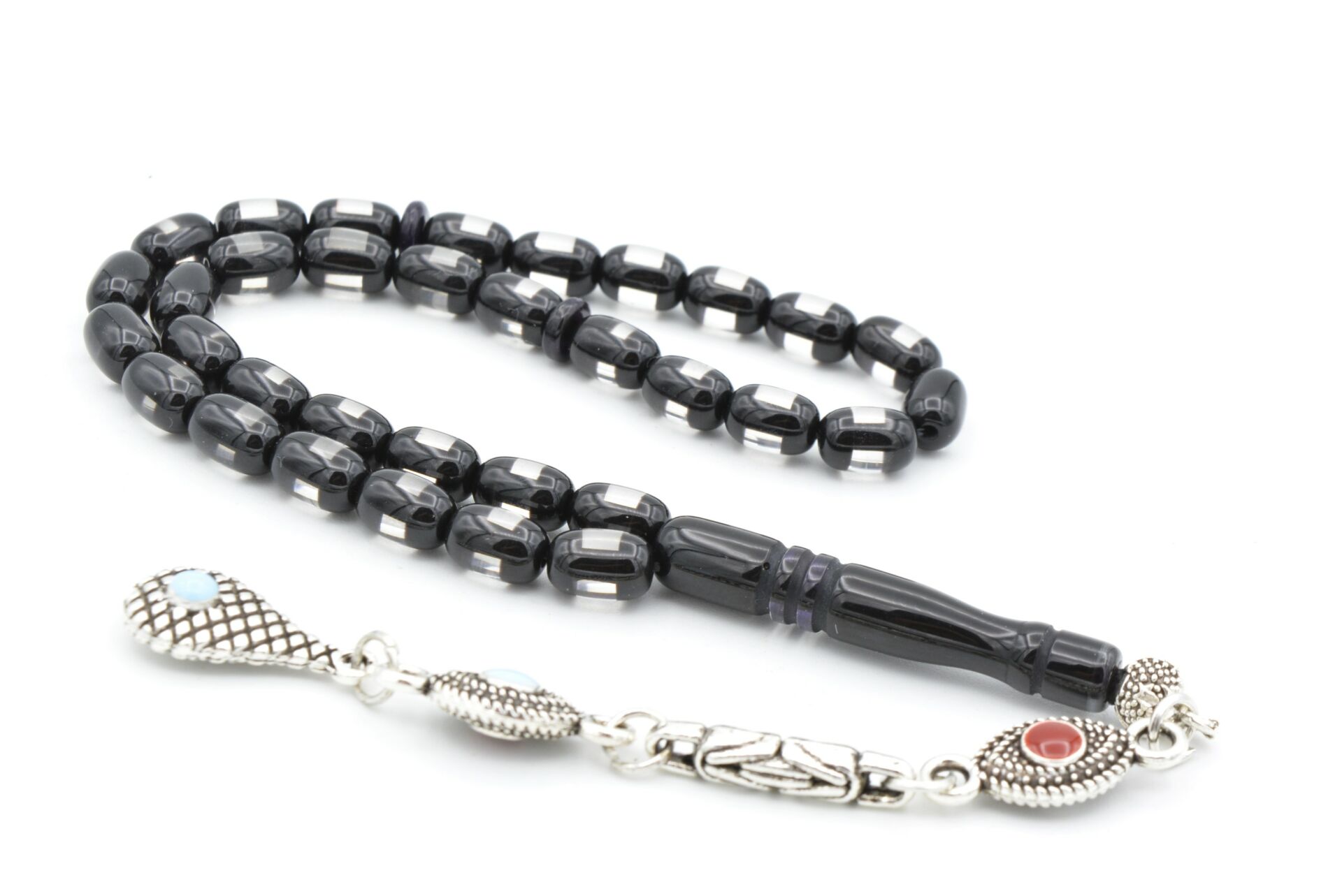 Mineli Kamçılı Bilek Boy Siyah Beyaz Sürmeli Sıkma Kehribar Tesbih