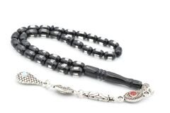 Mineli Kamçılı Bilek Boy Siyah Beyaz Sürmeli Sıkma Kehribar Tesbih