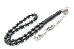 Mineli Kamçılı Bilek Boy Siyah Beyaz Sürmeli Sıkma Kehribar Tesbih