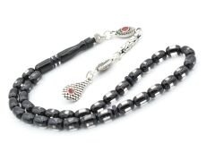 Mineli Kamçılı Bilek Boy Siyah Beyaz Sürmeli Sıkma Kehribar Tesbih