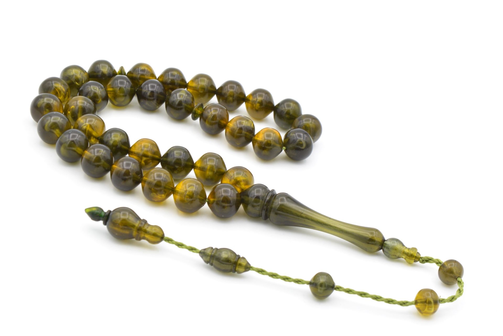 Sistemli Sığırcık Kesim Hareli Zeytin Yeşili Toz Pres Kehribar Tesbih