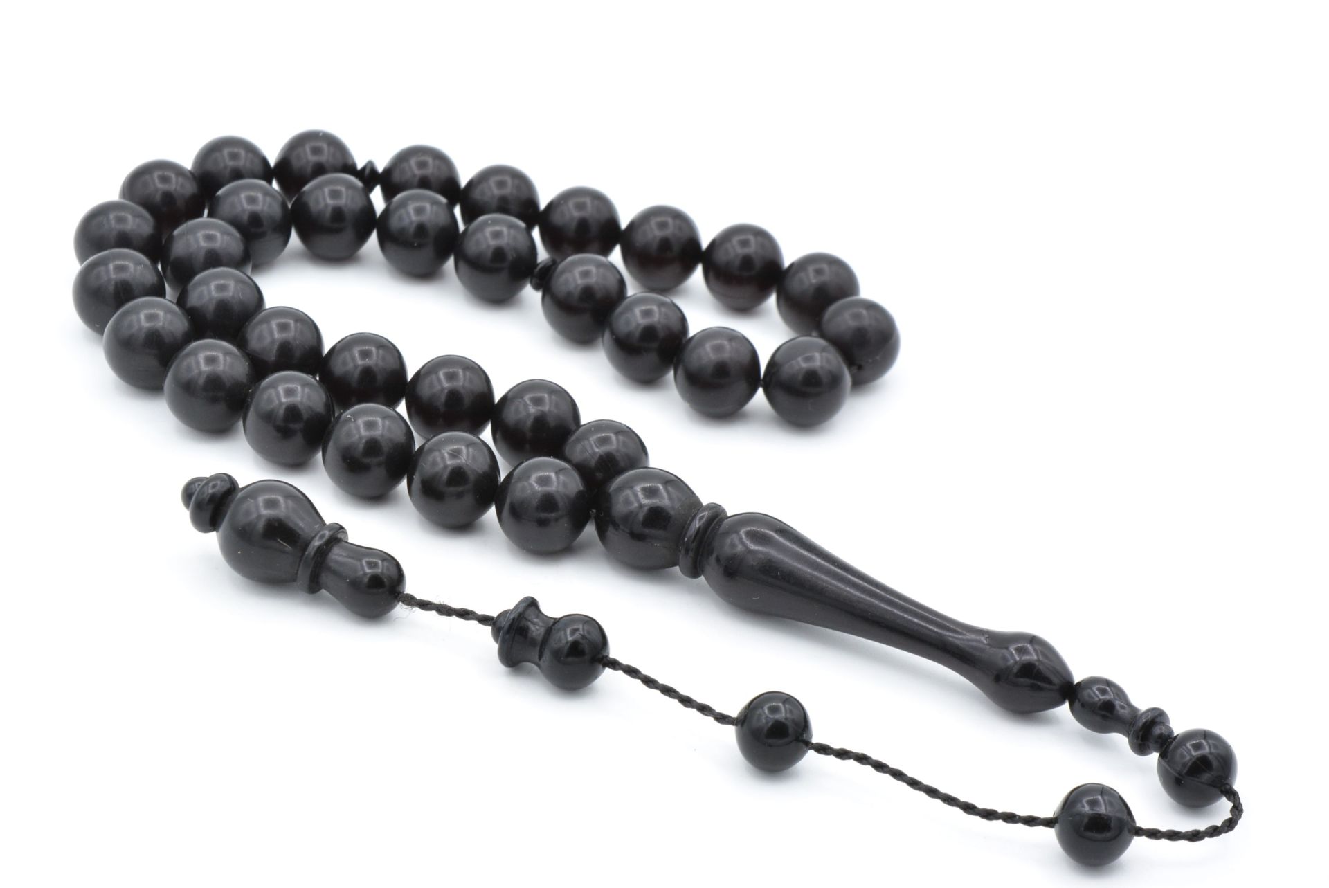 Sistemli Sığırcık Kesim İri Boy Siyah Toz Pres Kehribar Tesbih