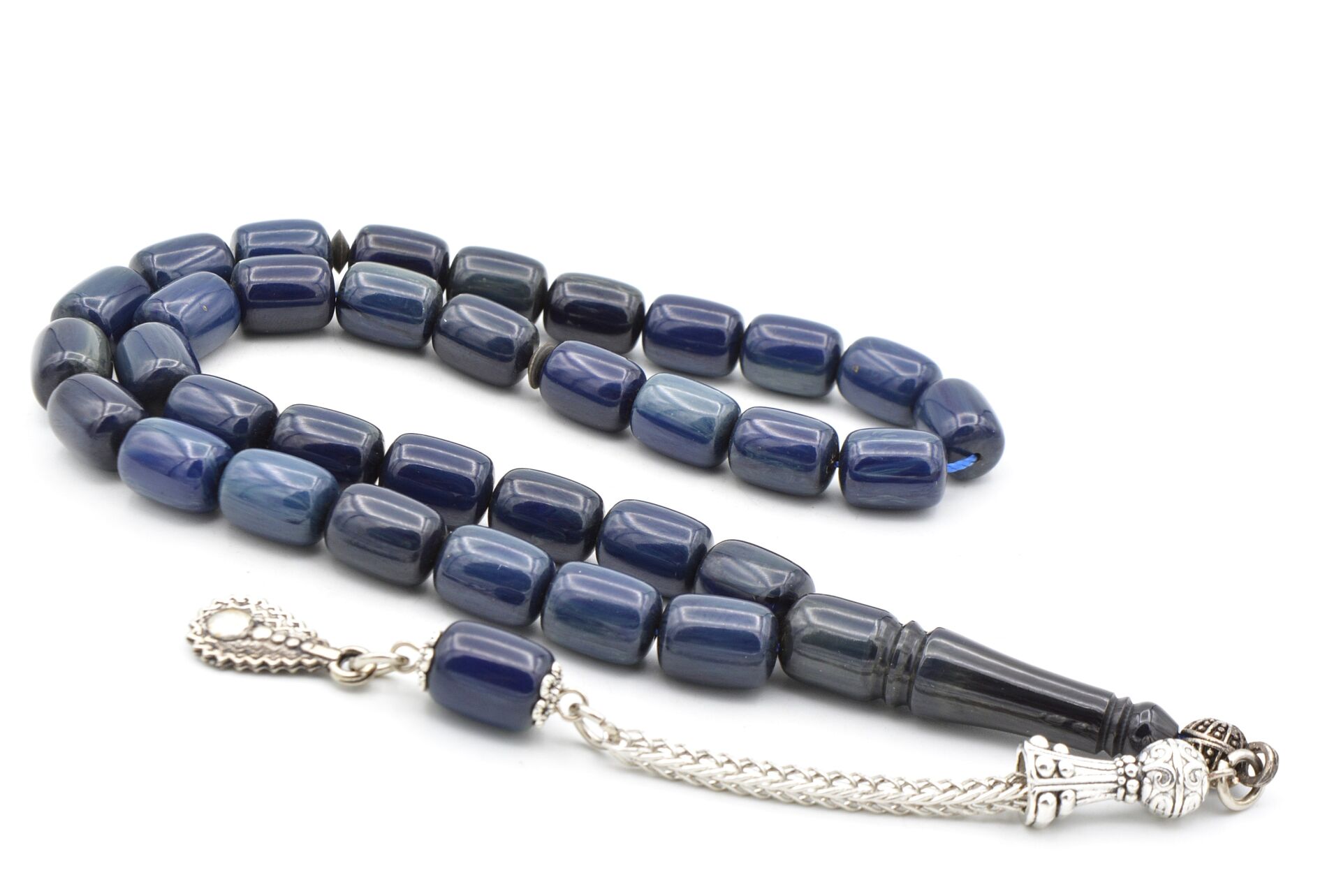 Gümüş Kamçılı Kapsül Kesim Hareli Lacivert Katalin Tesbih