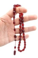 USTA İŞİ SİSTEMLİ BEYZİ KESİM KIRMIZI SIKMA KEHRİBAR TESBİH 063