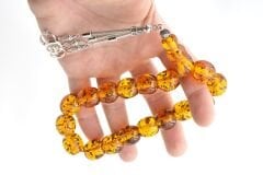 Tilki Kuyruğu Kamçılı Fıçı Kesim Fosilli Turuncu Toz Kehribar Efe Maskot Tesbih