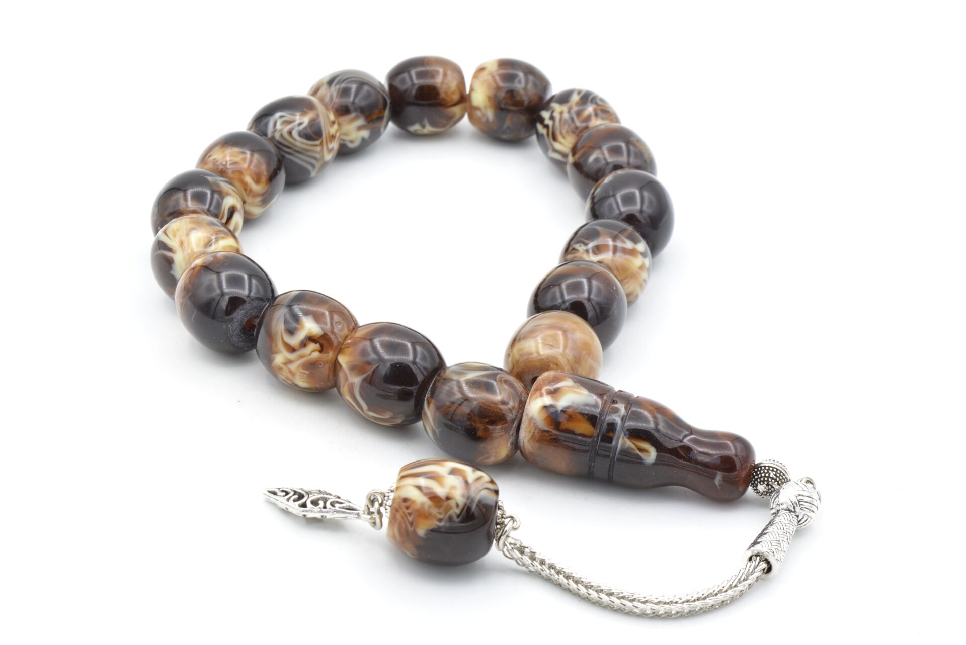 Fıçı Kesim Kahverengi Beyaz Toz Kehribar Efe Maskot Tesbih