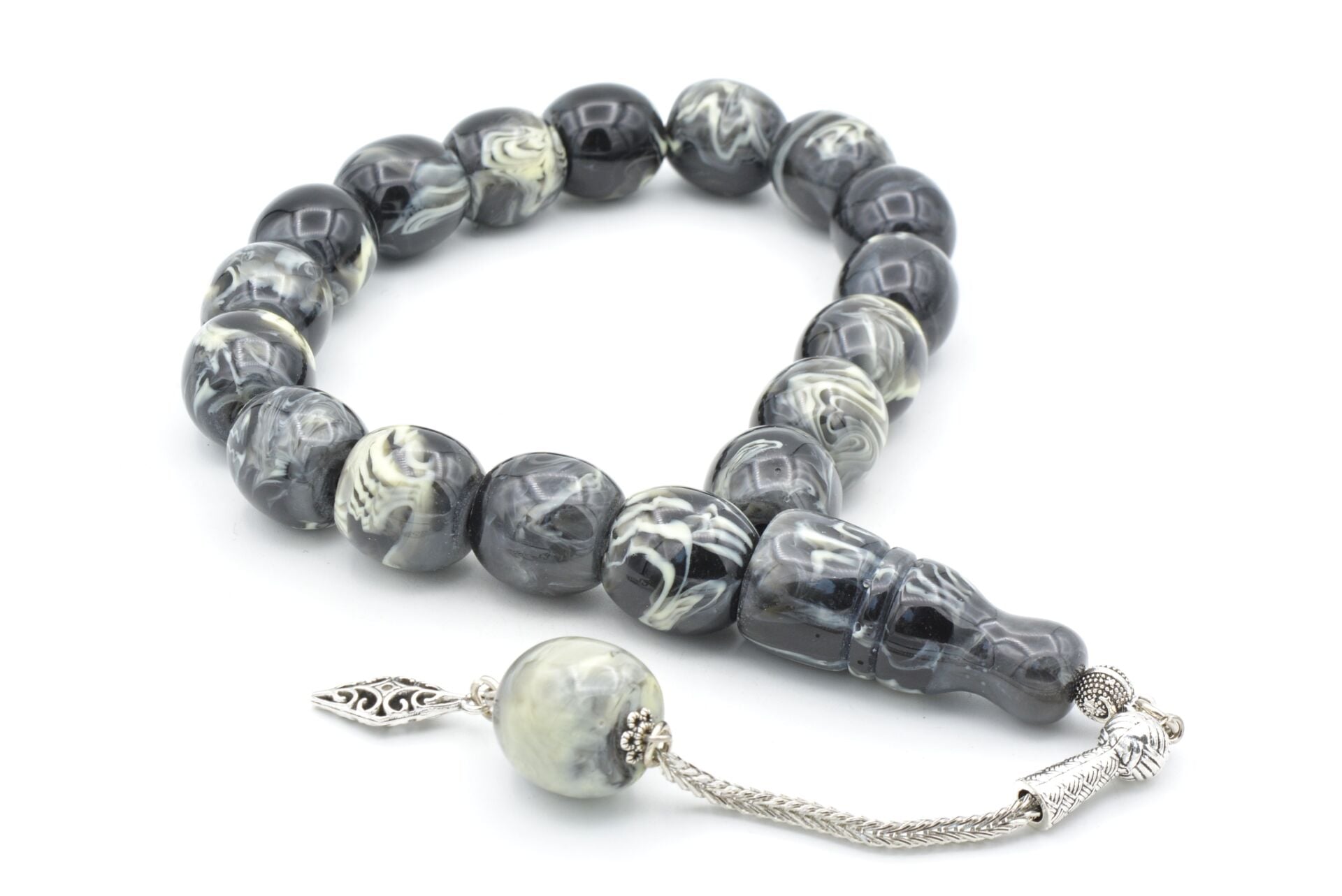 Fıçı Kesim Siyah Beyaz Toz Kehribar Efe Maskot Tesbih