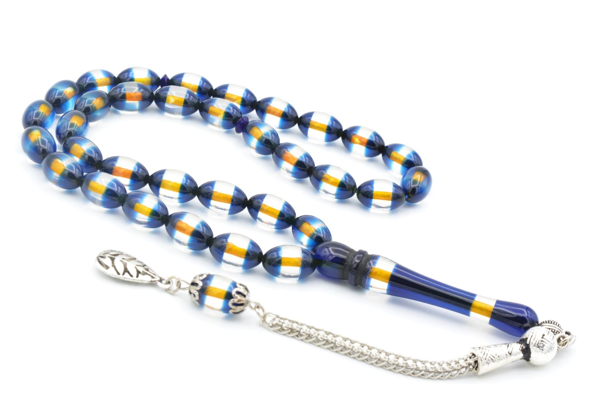 Beyzi Kesim Sarı Lacivert Sürmeli Toz Kehribar Tesbih