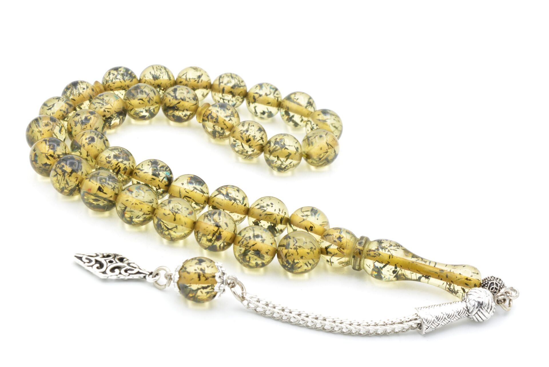 Püsküllü Küre Kesim İri Boy Fosilli Yeşil Toz Kehribar Tesbih