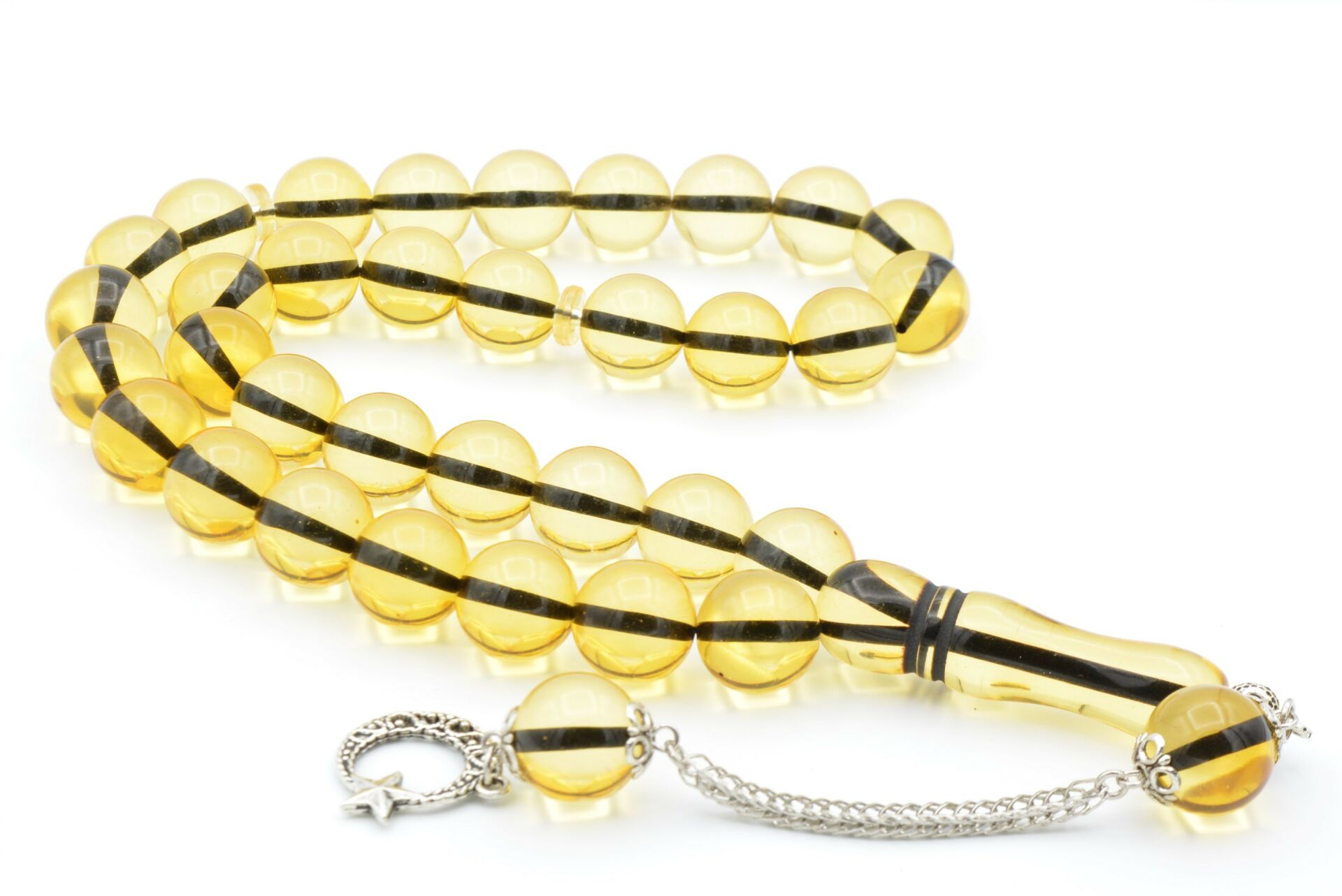 Kokulu İri Boy Küre Kesim Sarı Toz Kehribar Tesbih 14 Mm