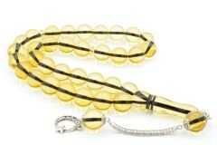 Kokulu İri Boy Küre Kesim Sarı Toz Kehribar Tesbih 14 Mm