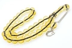 Kokulu İri Boy Küre Kesim Sarı Toz Kehribar Tesbih 14 Mm