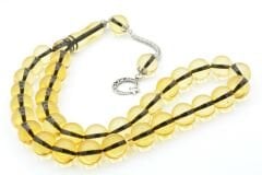 Kokulu İri Boy Küre Kesim Sarı Toz Kehribar Tesbih 14 Mm