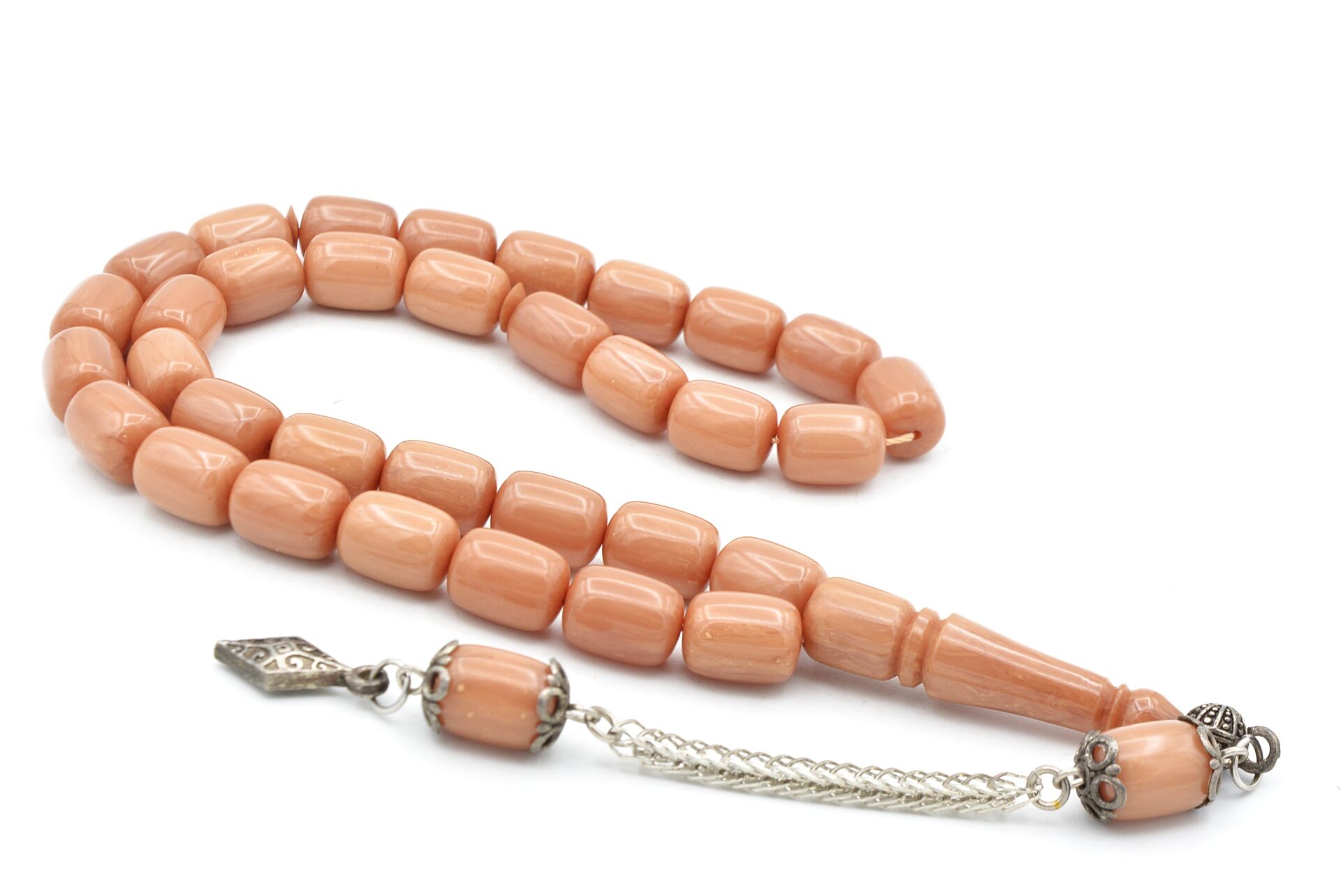 Gümüş Kaplama Kamçılı Kapsül Kesim Beyaz Katalin Tesbih