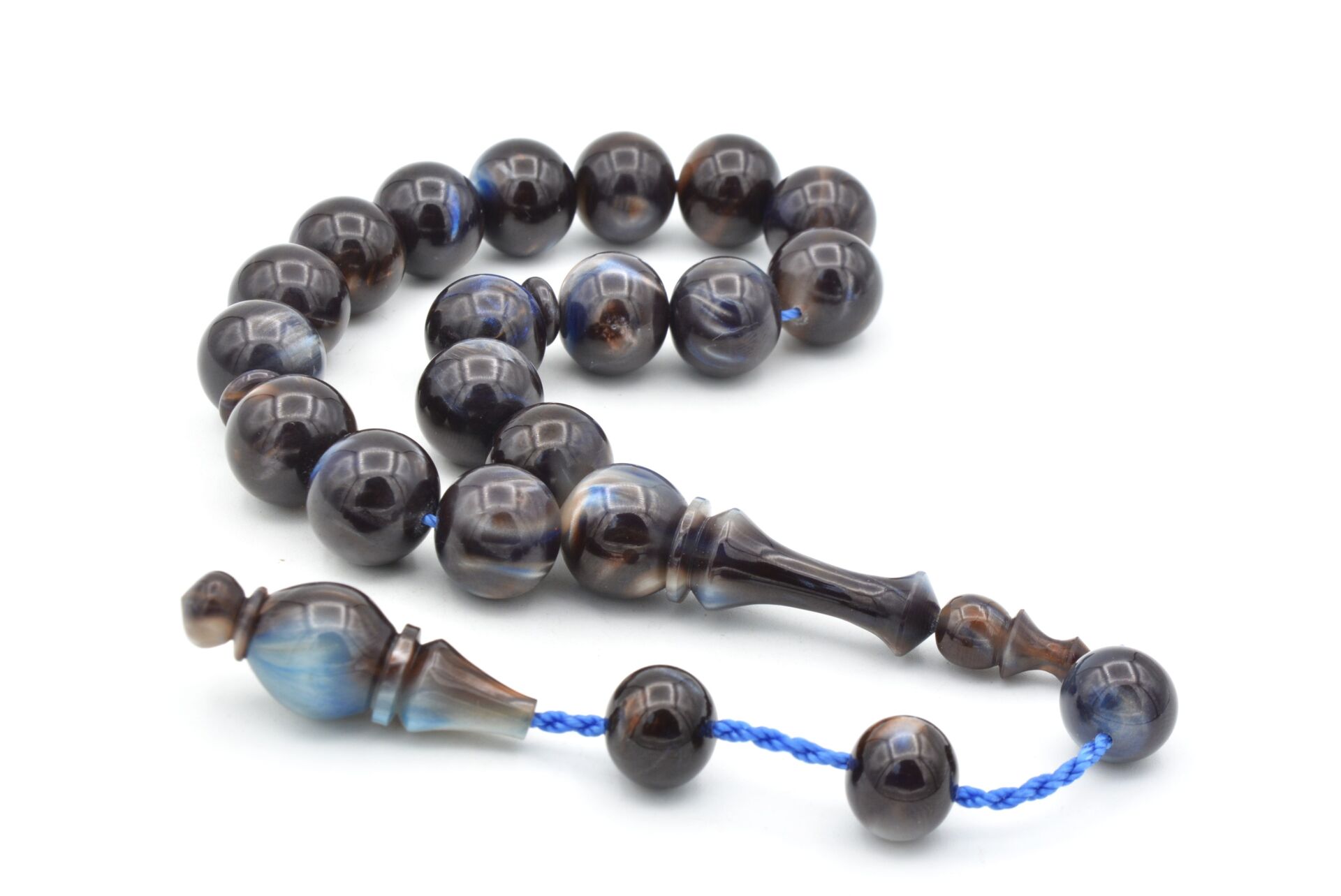 Erhan Turan Yapımı Kahverengi Mavi Sıkma Kehribar Efe Maskot Tesbih